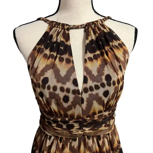 London Times Women's Brown Leopard Print Halter Dress Sz 8 Maxi Ruched Event