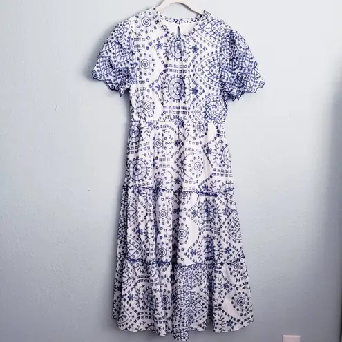 Baltic Born Mirabel White And Blue Eyelet Midi Dress