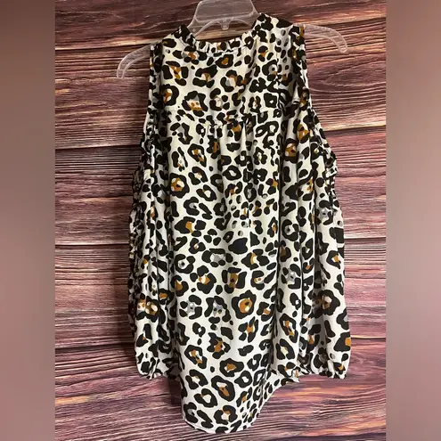 Cooper and Ella  Animal Print Long Puff Sleeve Blouse Top Cold Shoulder Ruffled.