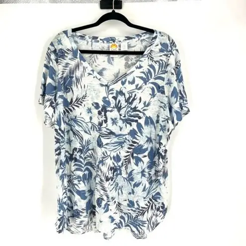 C&C California Women's Linen Floral Leaf Print Short Sleeve Top Blue Size 2X