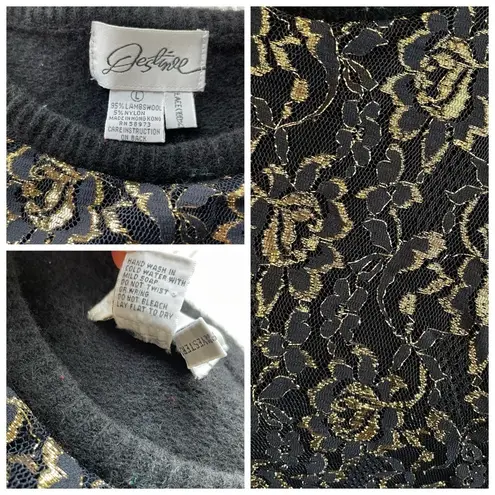 Destinee Wool Pullover Sweater Black Gold size Large Floral Lace Vintage punk