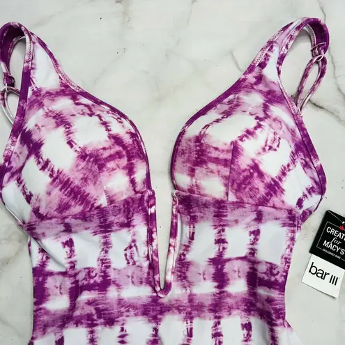 Bar III  Purple Plunging V-Neck Open Back V-Wire One Piece Swimsuit S Tie Dye