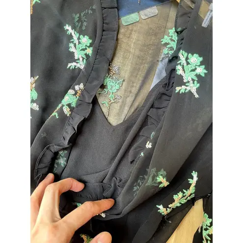 Sandro Paris Embroidered Faux Wrap Midi Black Ruffled Dress Size 1 Small FR 36