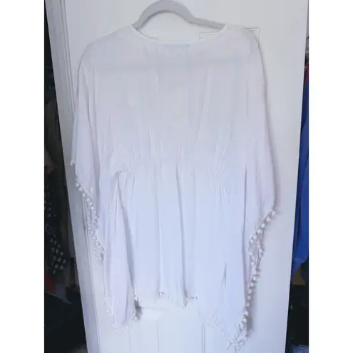 Melissa Odabash Sharize White Kaftan Cover up Pom Pom M/L Coastal Cowgirl Beach Size M