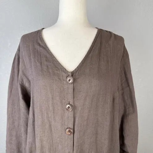 Flax Womens Maxi Duster Shirt Dress Jacket Size M Taupe Brown Linen Lagenlook