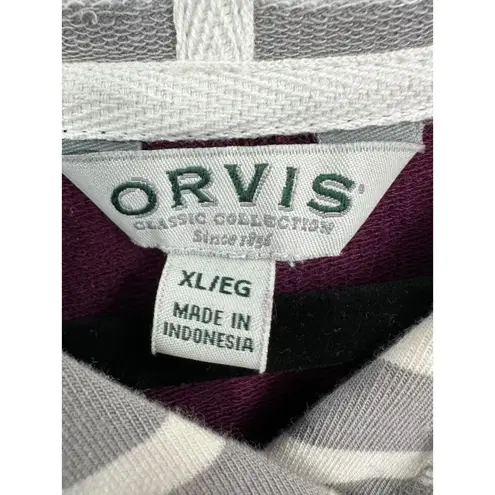 Orvis  Sweatshirt Womens XL Maroon Gray Stripes Hoodie Pocket Light Cotton Rayon