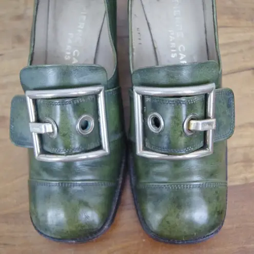 Pierre Cardin 60's Vintage Paris Green Leather Buckle Front Heels 7AA