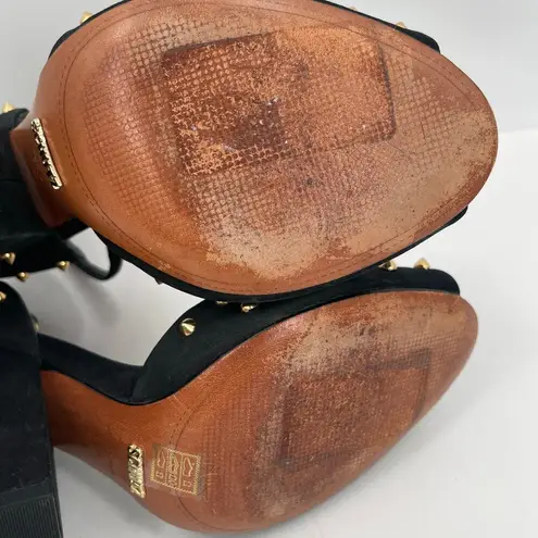 Schutz Dionise Heels Size 8.5 Black Nubuck Gold Stud Spike Open Toe Block Strap