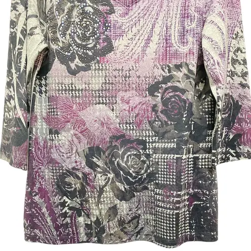 Houndstooth Love Delirious Womens Medium VNeck  Roses Print Y2K Purple Top Blouse