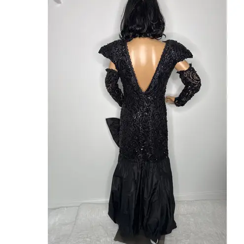Vintage Demetrios Black Beaded Evening Gown with Dramatic Bow gloves M
