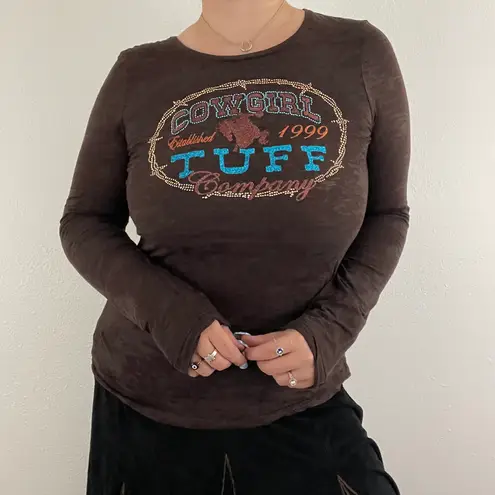 cowgirl tuff co. COWGIRL TUFF Y2K Brown Semi Sheer Western Studs Glitter Graphic Long Sleeve Top