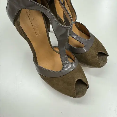 L.A.M.B. Olive Green & Grey Leather Contrast Stiletto Heels Womens 6 Y2K Suede
