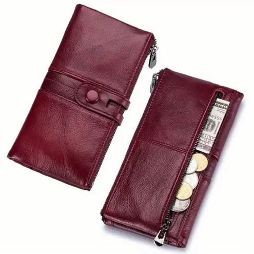 Burgundy Red Genuine Leather RFID Blocking Long Clutch Wallet Organizer