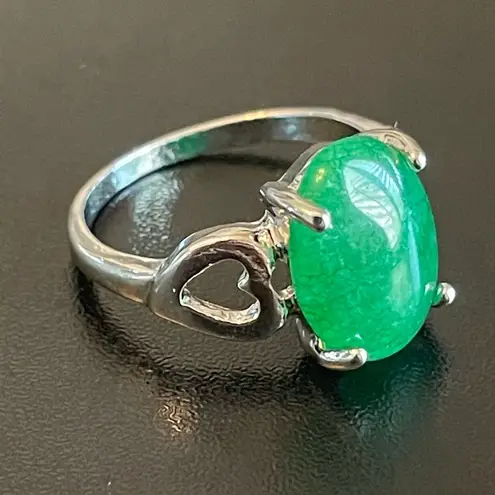 Green jade silver heart ring size 8.75