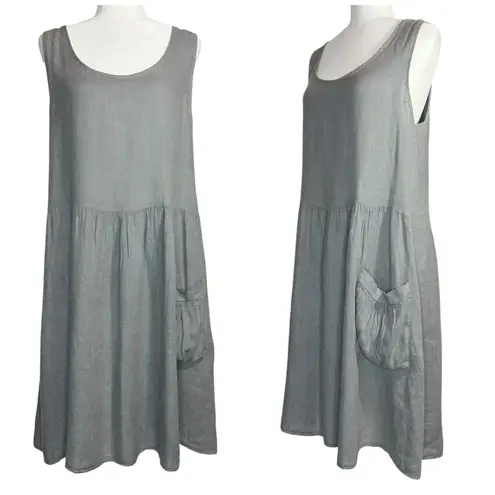 Talia Benson Dress Large 100% Slub Linen Lagenlook Minimalist Made In Italy Gray