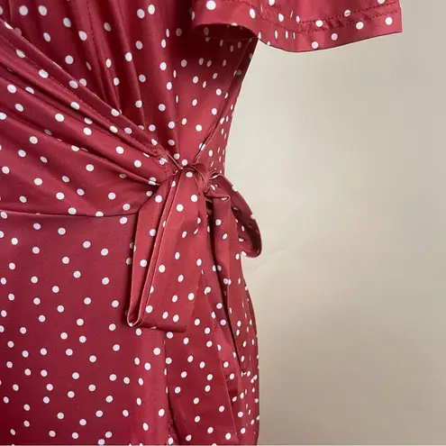 Retro Women's Small Polka Dot Ruffle Tie Wrap Flowy 50's V Neck Swing Dress Red