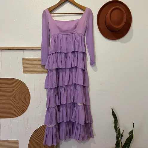 None Vintage Handmade 70s Purple Multi Tiered Pleated Sheer Sleeve Square Neck Dress
