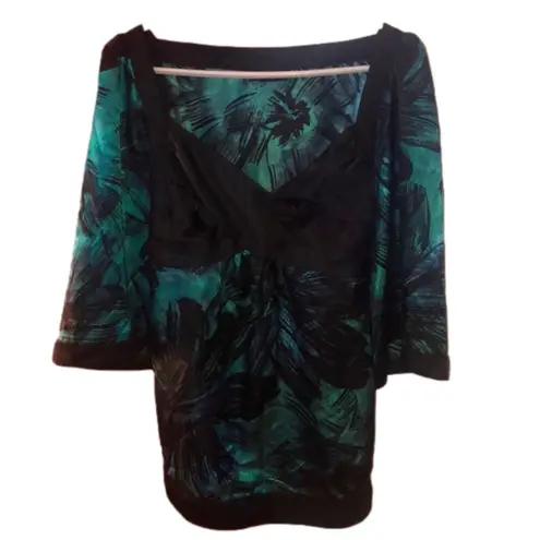 Apostrophe Green and Black Tropical Palm Print Top Large