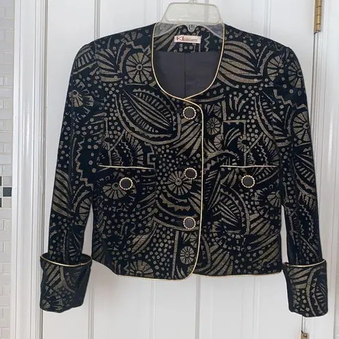 Karl Lagerfeld printed black and gold velvet jacket and skirt suit. Size 6. EUC.