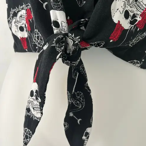 Chilling Adventures Sabrina Skull Cat Button Front Tie Black Crop Top XS