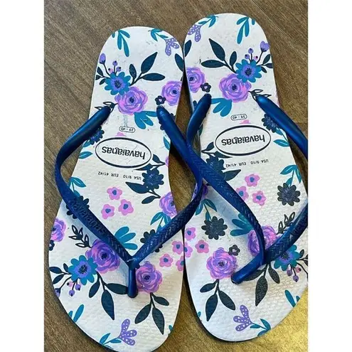 Havaianas  Women's Slim Floral Flip Flops Blue/Pink Size 9/10 Casual Sandals