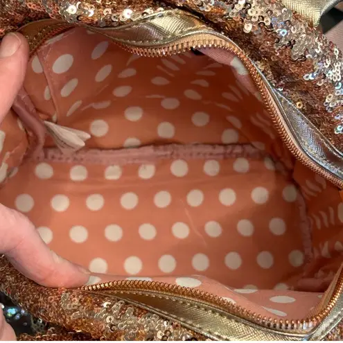 Lounge Fly Disney Rose gold sequin Minnie M backpack matching wallet & ears NWT