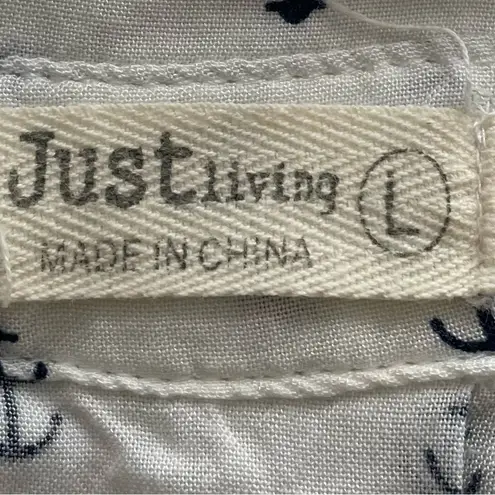 Just living white anchor print button up roll tab sleeve shirt, size L marine