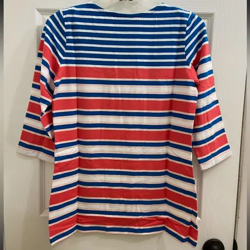 Denim & Co Coral Pink Blue White Striped 3/4 Sleeve Top NWT Coastal XXS/XS d&co