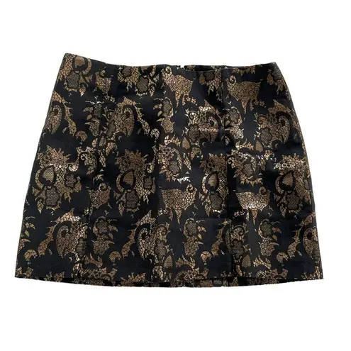 Bebe  Skirt Womens 10 Black Metallic Gold Lace Print Mini A Line Zip Cotton Blend