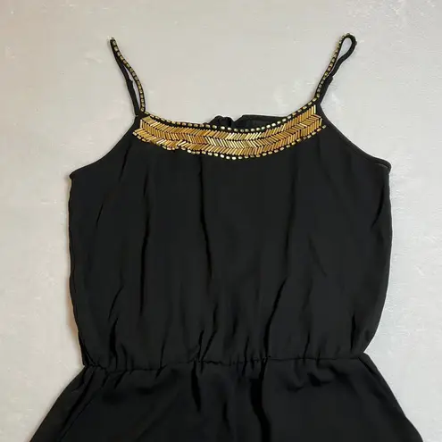 Women's Sleeveless Scoop Embellished Neck Romper Playsuit Size S Casual Festival Black