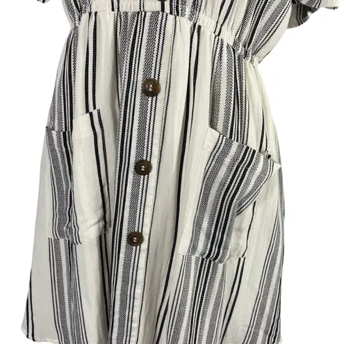 MINE Women's Striped Button Front Mini Dress L Short Sleeve Elastic Waist Black Size L