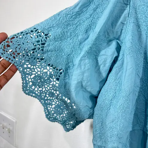 Democracy Women's 1X Blue Lace Embroidered Peasant Blouse Top Cotton Boho