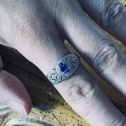 Natural Tanzanite White Diamond Sterling Silver Art Deco Ring Size 9 Purple