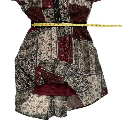 Hommage Women's Patchwork Long Sleeve Mini Dress Size Medium Red Black Tan