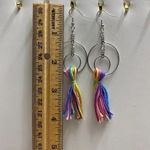 None Rainbow Tassel Fringe Double Hoop Earrings Silver