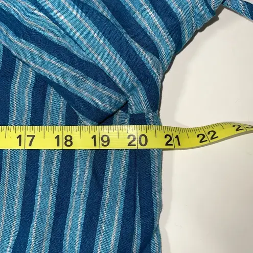 The Loft Beach Teal & Blue Striped Tassel Split Neck Popover Top