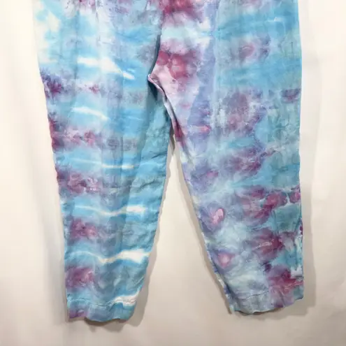 Pure Jill Medium Linen Pants Handmade Tie Dye Blue Purple Cropped Pull On 221