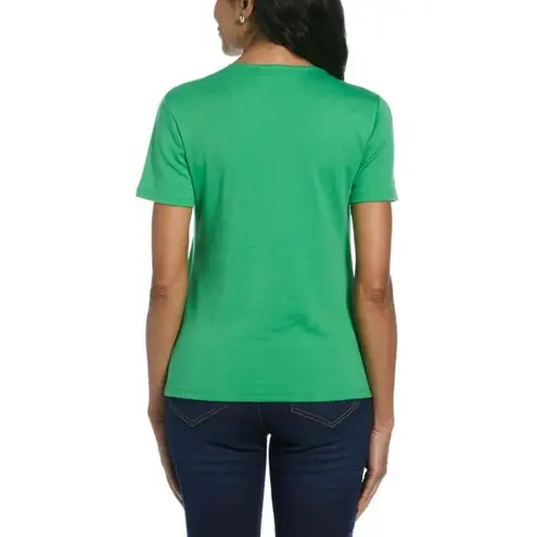 Rafaella | Green Square Neck Short Sleeve Top With Lace Accents | XL