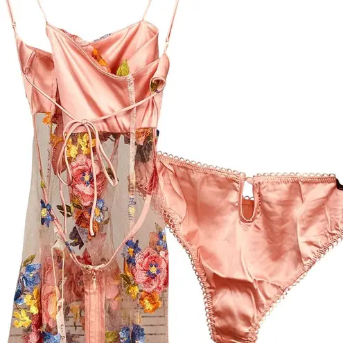 For Love & Lemons Delaney Peony Embroidered Sheer Lace Maxi Dress Pink