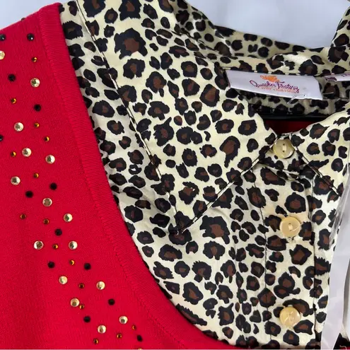 Quaker Factory Embellished Red Knit Sweater Contrasting Satin Leopard Collar XL