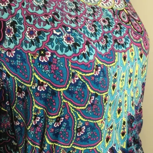 S Levine Blue Multicolor Peacock Short Sleeve Faux Wrap Casual Top M Pink Size M