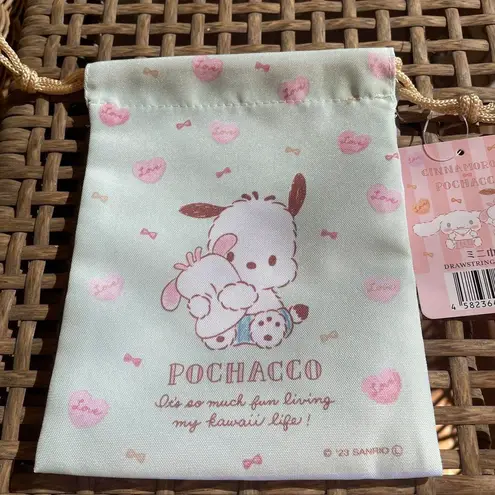 Sanrio Blue Light Green Small Drawstring Bag With Pochacco And Cinnamoroll