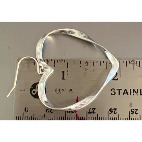 Vintage Silver Tone Heart Hoop Dangle Earrings Twisted Hammered Hook 2" Estate