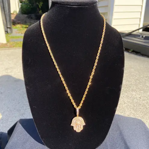 Gold Chain Rope Chain 24in 4mm And Icy Hamsa Pendant Set