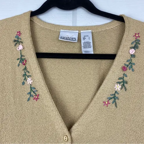 Villager Liz Claiborne Tan V-neck Knit Cardigan Pink Floral Embroidery L Petite