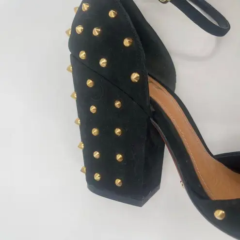 Schutz Dionise Heels Size 8.5 Black Nubuck Gold Stud Spike Open Toe Block Strap