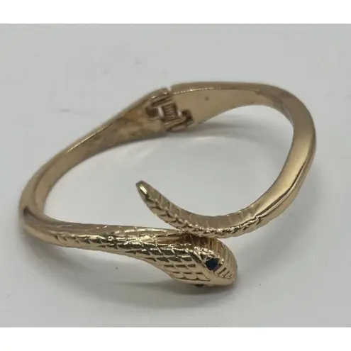 Women's Statement Goth Punk Green Eyed Rhineston Gold Tone Snake Hinged Bracelet