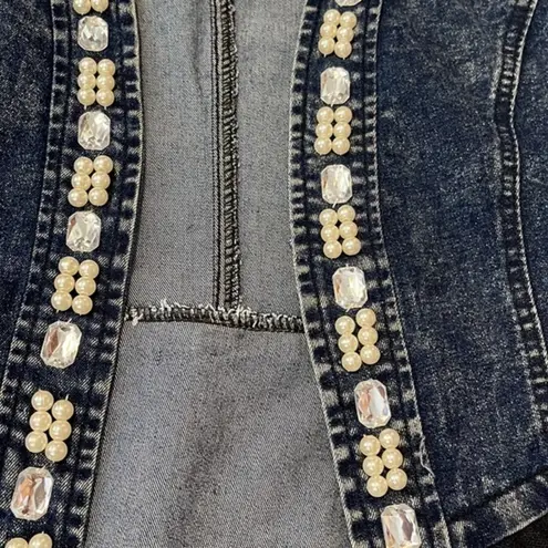 DenimLand pearl rhinestone and lace embellished acid washed denim jacket Size M