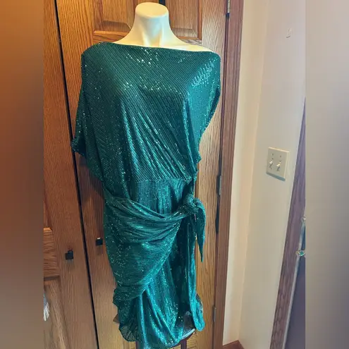 Grace Karin XL Green Sequin Cocktail Dress Asymmetrical Wrap Waist Holiday Party