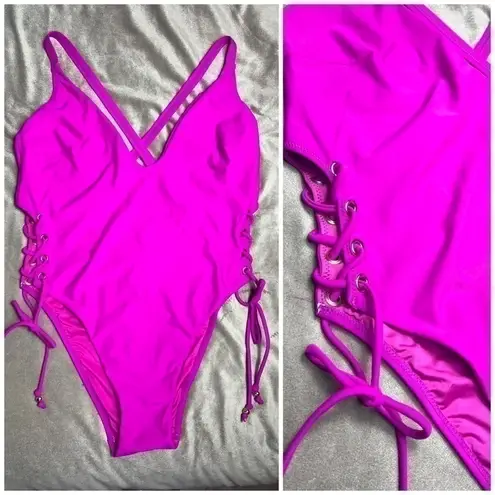 City Chic CCX by Hot Pink Lace Up Open Sides One Piece Swimsuit Plus Size 14 XL